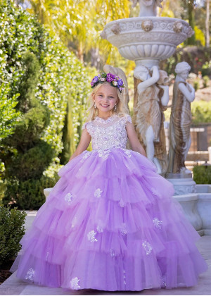 Lilac Beaded 3D Lace Flowers Ruffled Tulle Fairytale Flower Girl Dress
